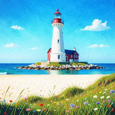 a lighthouse on a rocky islet, beach and dunes in front, pointillism style, FLUX.2