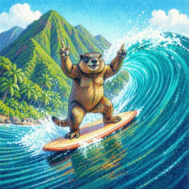 a marmot surfing a big wave, flashing a V sign, pointillism style, FLUX.2
