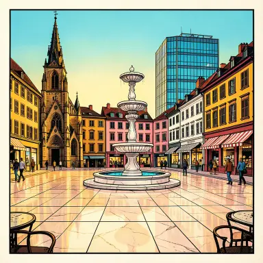a sunlit city square with a fountain and buildings of different eras, pop art style, FLUX.2