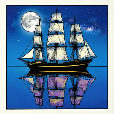 a clipper ship on a mirror-flat sea under the full moon, pop art style, FLUX.2