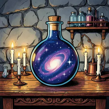 a galaxy swirling inside a glass flask in an alchemist's laboratory, pop art style, FLUX.2