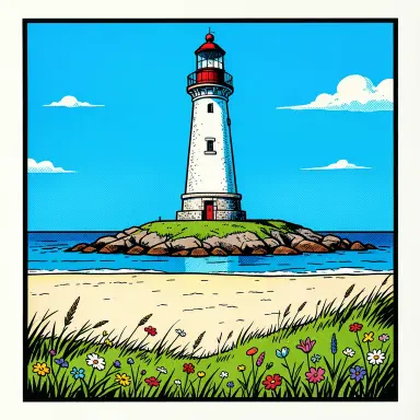 a lighthouse on a rocky islet, beach and dunes in front, pop art style, FLUX.2