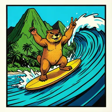 a marmot surfing a big wave, flashing a V sign, pop art style, FLUX.2