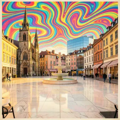 a sunlit city square with a fountain and buildings of different eras, psychedelic style, FLUX.2