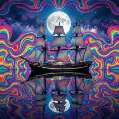 a clipper ship on a mirror-flat sea under the full moon, psychedelic style, FLUX.2