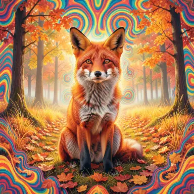 a red fox sitting in an autumn clearing, psychedelic style, FLUX.2