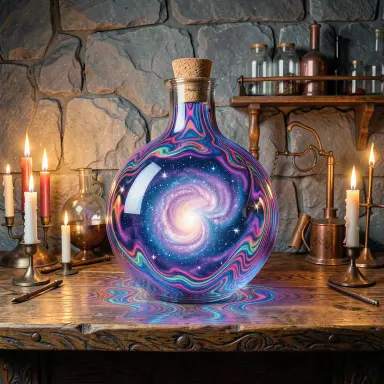 a galaxy swirling inside a glass flask in an alchemist's laboratory, psychedelic style, FLUX.2