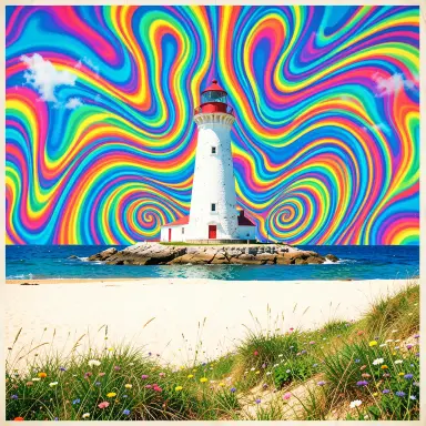 a lighthouse on a rocky islet, beach and dunes in front, psychedelic style, FLUX.2