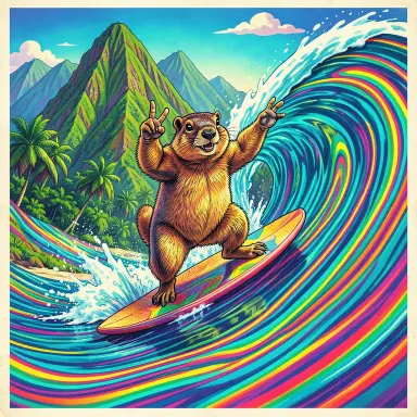 a marmot surfing a big wave, flashing a V sign, psychedelic style, FLUX.2