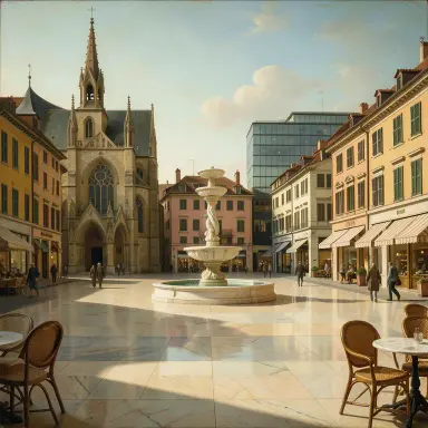 a sunlit city square with a fountain and buildings of different eras, renaissance style, FLUX.2