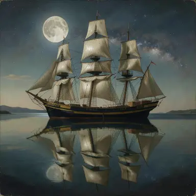 a clipper ship on a mirror-flat sea under the full moon, renaissance style, FLUX.2