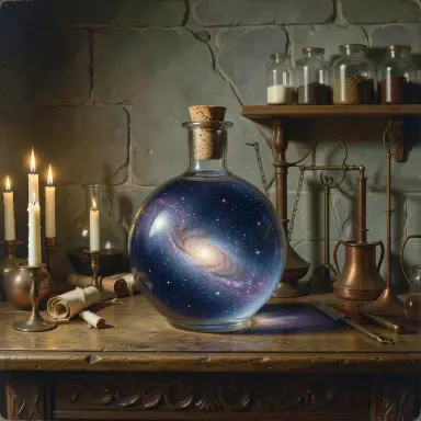 a galaxy swirling inside a glass flask in an alchemist's laboratory, renaissance style, FLUX.2