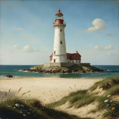 a lighthouse on a rocky islet, beach and dunes in front, renaissance style, FLUX.2