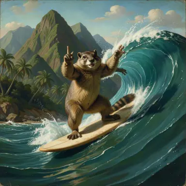 a marmot surfing a big wave, flashing a V sign, renaissance style, FLUX.2