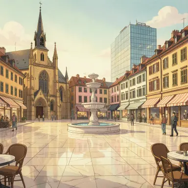 a sunlit city square with a fountain and buildings of different eras, retro anime style, FLUX.2