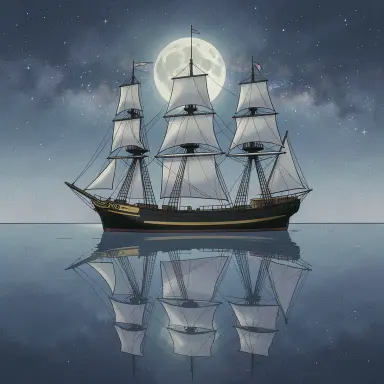 a clipper ship on a mirror-flat sea under the full moon, retro anime style, FLUX.2