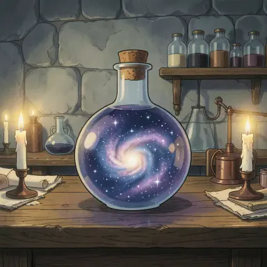 a galaxy swirling inside a glass flask in an alchemist's laboratory, retro anime style, FLUX.2