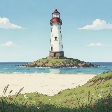 a lighthouse on a rocky islet, beach and dunes in front, retro anime style, FLUX.2
