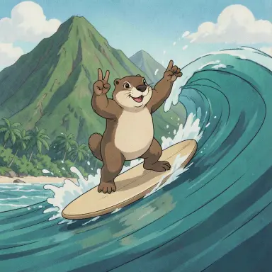 a marmot surfing a big wave, flashing a V sign, retro anime style, FLUX.2