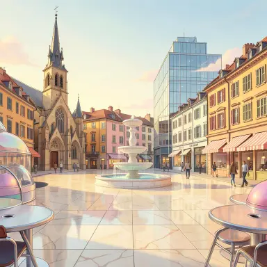 a sunlit city square with a fountain and buildings of different eras, retro-futurism style, FLUX.2