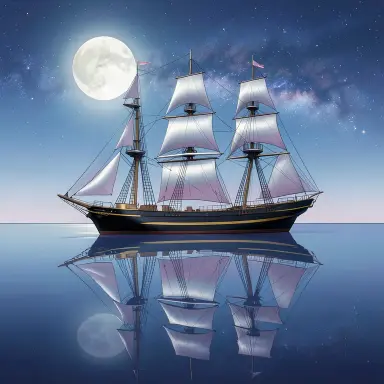 a clipper ship on a mirror-flat sea under the full moon, retro-futurism style, FLUX.2