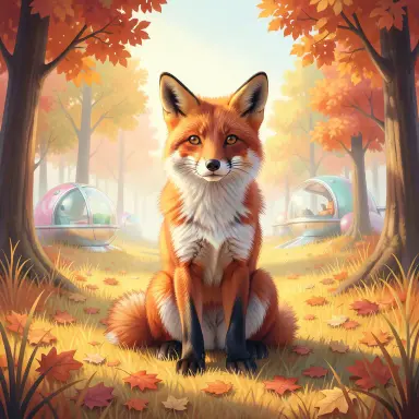a red fox sitting in an autumn clearing, retro-futurism style, FLUX.2