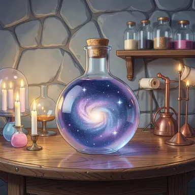 a galaxy swirling inside a glass flask in an alchemist's laboratory, retro-futurism style, FLUX.2