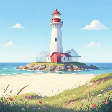 a lighthouse on a rocky islet, beach and dunes in front, retro-futurism style, FLUX.2