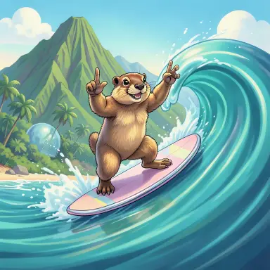 a marmot surfing a big wave, flashing a V sign, retro-futurism style, FLUX.2