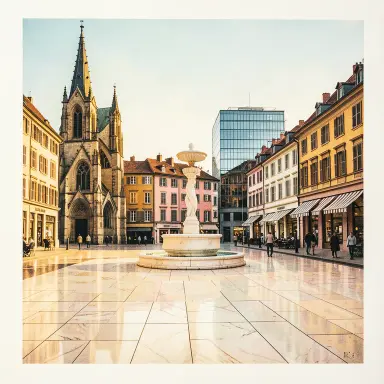 a sunlit city square with a fountain and buildings of different eras, screen print style, FLUX.2