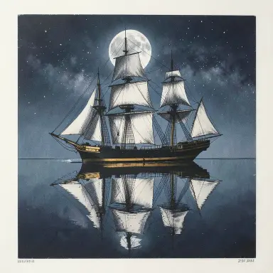 a clipper ship on a mirror-flat sea under the full moon, screen print style, FLUX.2