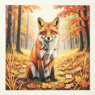 a red fox sitting in an autumn clearing, screen print style, FLUX.2