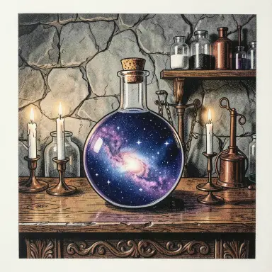 a galaxy swirling inside a glass flask in an alchemist's laboratory, screen print style, FLUX.2