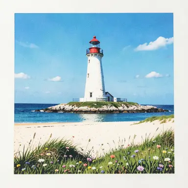 a lighthouse on a rocky islet, beach and dunes in front, screen print style, FLUX.2