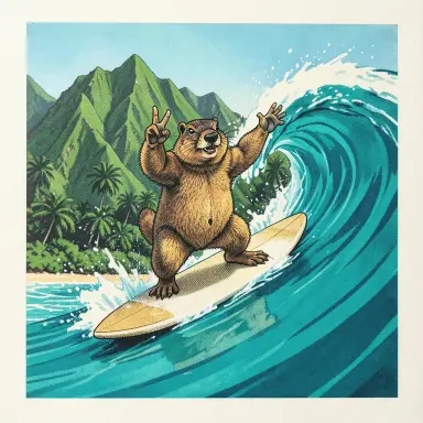 a marmot surfing a big wave, flashing a V sign, screen print style, FLUX.2