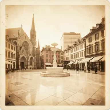 a sunlit city square with a fountain and buildings of different eras, sepia style, FLUX.2