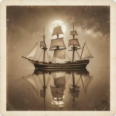 a clipper ship on a mirror-flat sea under the full moon, sepia style, FLUX.2