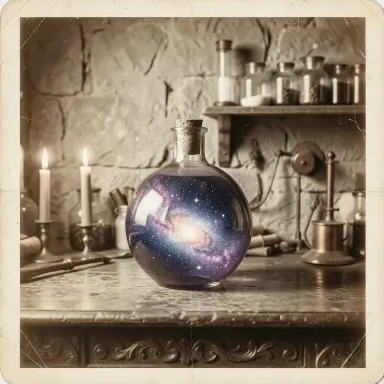 a galaxy swirling inside a glass flask in an alchemist's laboratory, sepia style, FLUX.2
