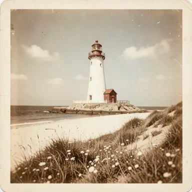 a lighthouse on a rocky islet, beach and dunes in front, sepia style, FLUX.2
