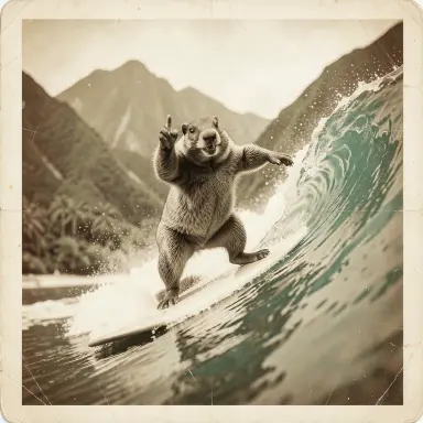 a marmot surfing a big wave, flashing a V sign, sepia style, FLUX.2