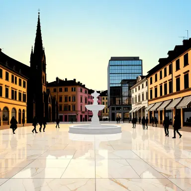 a sunlit city square with a fountain and buildings of different eras, silhouette style, FLUX.2