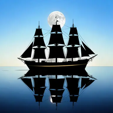 a clipper ship on a mirror-flat sea under the full moon, silhouette style, FLUX.2