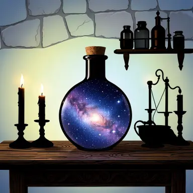 a galaxy swirling inside a glass flask in an alchemist's laboratory, silhouette style, FLUX.2