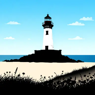 a lighthouse on a rocky islet, beach and dunes in front, silhouette style, FLUX.2