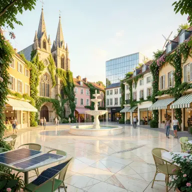a sunlit city square with a fountain and buildings of different eras, solarpunk style, FLUX.2