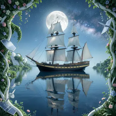 a clipper ship on a mirror-flat sea under the full moon, solarpunk style, FLUX.2