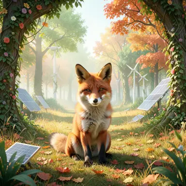 a red fox sitting in an autumn clearing, solarpunk style, FLUX.2