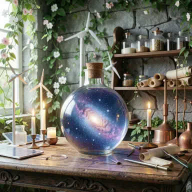 a galaxy swirling inside a glass flask in an alchemist's laboratory, solarpunk style, FLUX.2