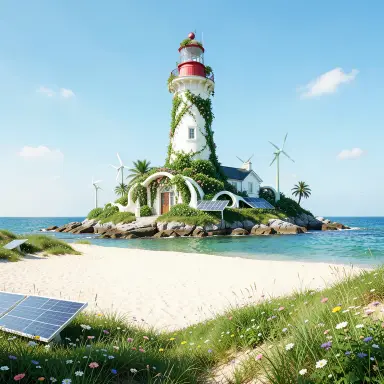 a lighthouse on a rocky islet, beach and dunes in front, solarpunk style, FLUX.2