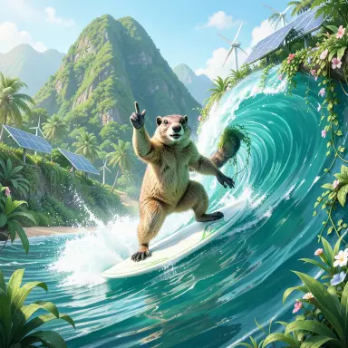 a marmot surfing a big wave, flashing a V sign, solarpunk style, FLUX.2